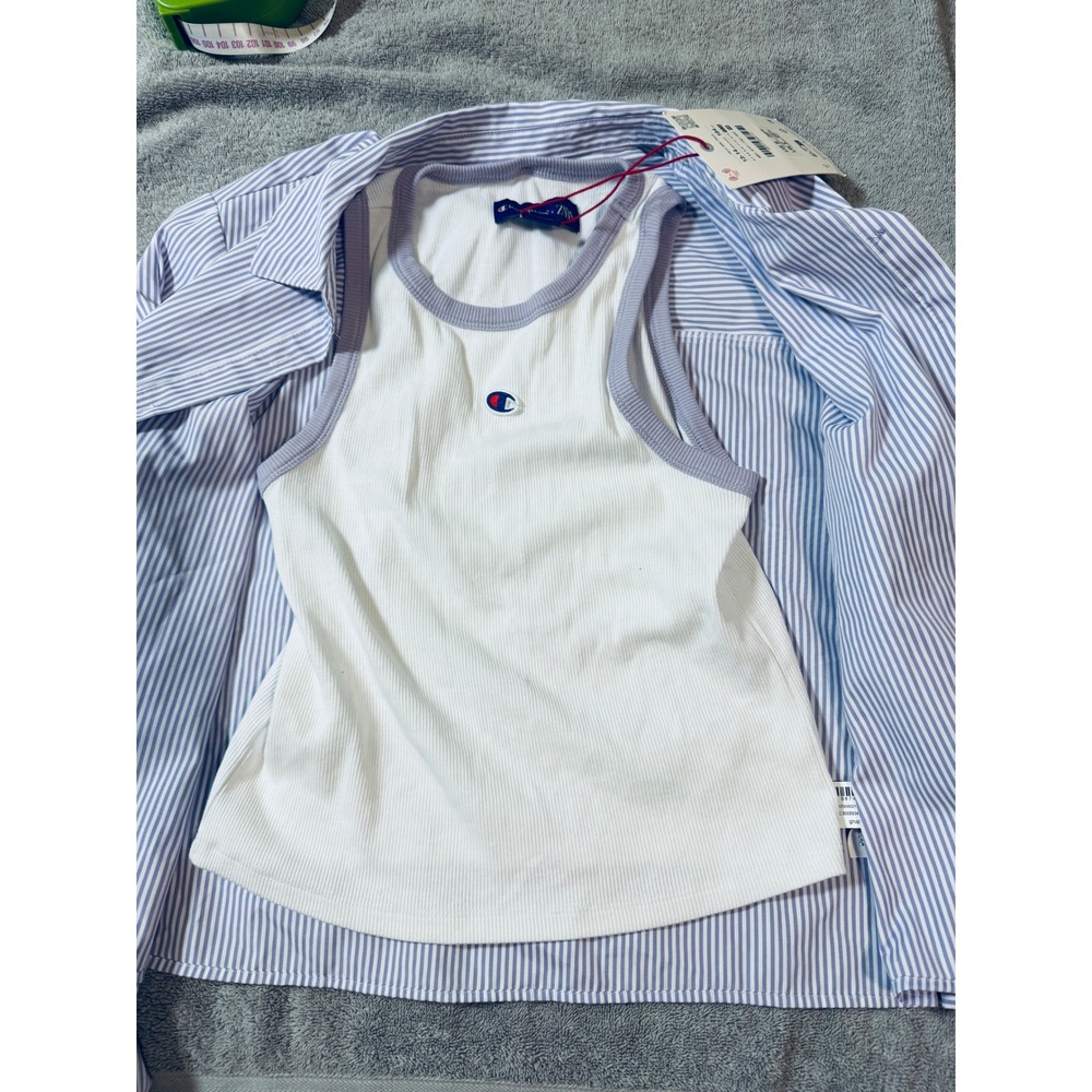 NWT Zara x Champion Girl 13-14 Button Long Sleeve Tank Purple White Ribbed Prep - Picture 2 of 7
